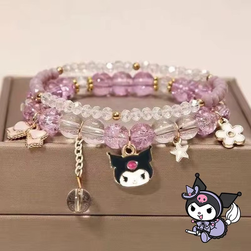 Pulsera Perlas Cristal Rosa Dije Kuromi Ajustable Rosa 9 Cm 17 Cm