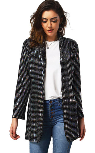 Saco Blazer Mujer Elegante Slim Moda Negra Lentejuelas 