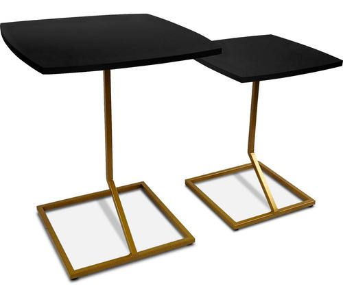 Conjunto Jogo Mesa De Canto Lateral Tip Tampo Quadrado Cor Dourado/preto
