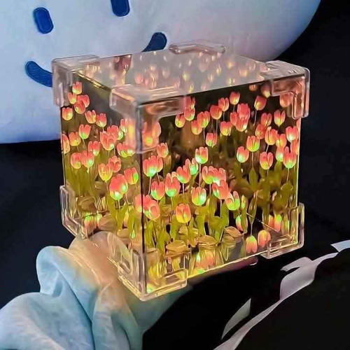 Cubo Tulipanes Infinito Lampara Noche Cubo Espejo Romantico Estructura Azul Pantalla Blanco Azul Blanco
