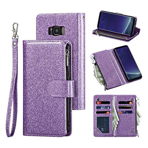 Funda Cartera Para Galaxy S8 Plus Glitter Morado Premium -02