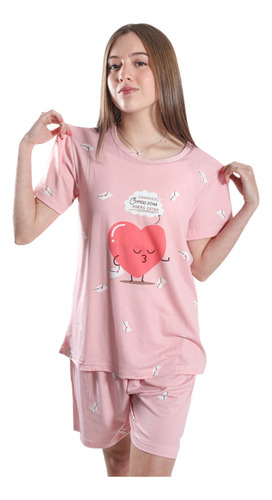 Pijama Mujer Polera Manga Corta Y Short Diseño Corazón