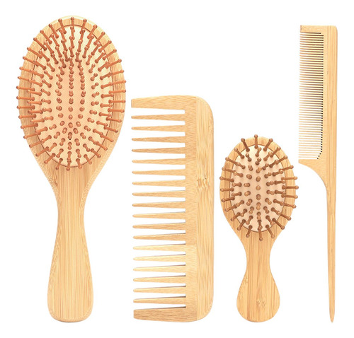 Juego De 4 Uds De Cepillos Para El Cabello De Bambú, Peine
