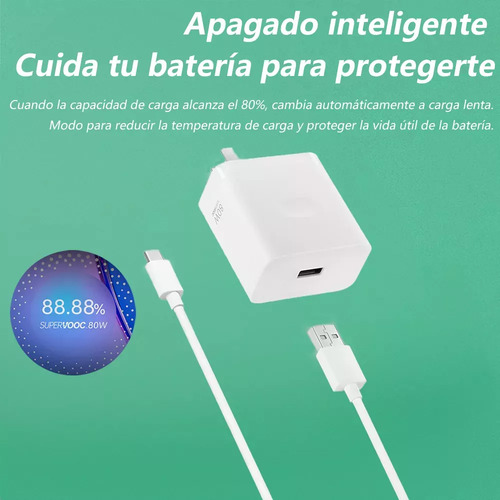 Cargador De 80w Para Oppo 80w/65w/40w/30w/20w/18w Supervooc Con Cable Tipo C 1m Original Orilwoya
