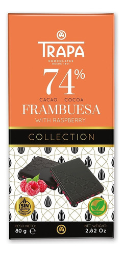 Chocolate Trapa Collection 74 % Frambuesa Cacao Sin Gluten