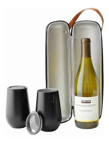 Juego Portador Para Botella De Vino 750 Ml + 2 Vasos Tapa Gc