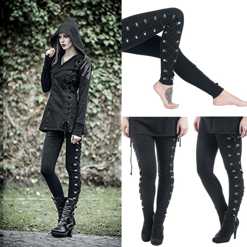 Imagen 2 de 10 de Pantalones Vaqueros Mujer Moda Gótica Dama Lateral Con Cordo
