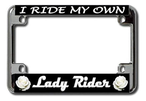 Lady Rider White Rose Chrome Motorcycle License Plate F...