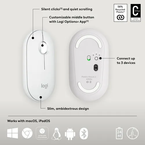 Ratón Logitech Pebble 2 M350s Slim Bluetooth Inalámbrico Bla