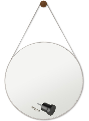 Espelho Adnet Suspenso Escandinavo 60 cm couro gelo + Suporte Pino Preto Rei Dos Vidros