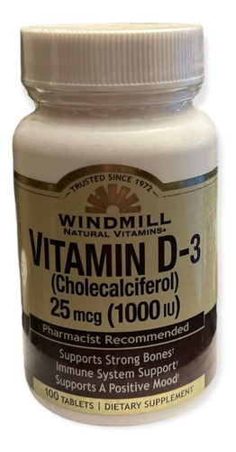 Vitamina D-3 1000iu 25mcg Windmill 100 Tabletas Sabor Sin Sabor