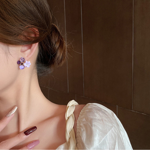 Pendientes De Flores Vintage De Cristal Morado Con Aguja De