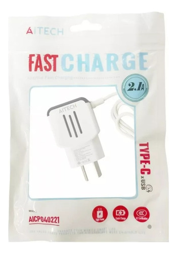Cargador De Pared Aitech 2.1a Fast Charge Tipo C Color Blanco