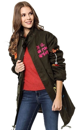 Campera Camperon Parka Color Militar Con Bordados Mujer