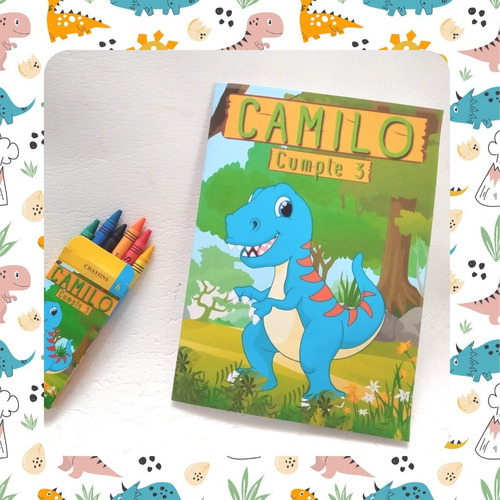 Librito P/ Colorear Personalizado + Crayones X30 Dinosaurios