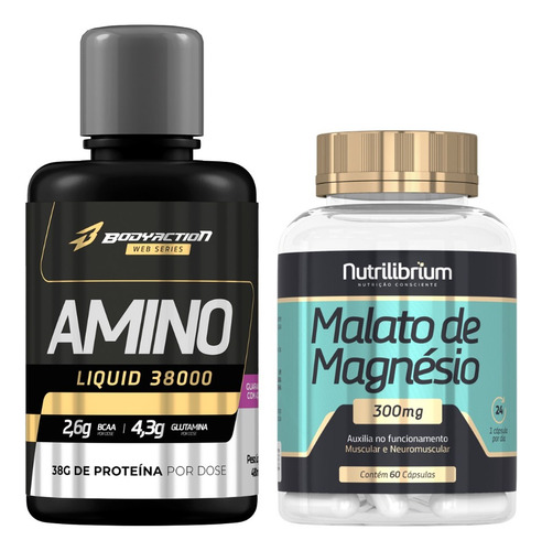 Amino Líquido 38000 480ml + Malato De Magnésio 300mg 60 Caps Sabor Guaraná Com Açaí