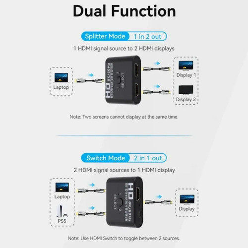 Interruptor Adaptador Hdmi 4k Bidireccional 2 A 1 Conmutador