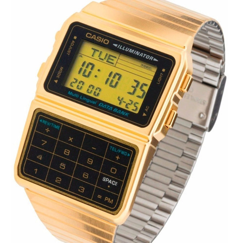 Reloj Casio Vintage Dbc611 Dorado Calculadora Fondo Negro