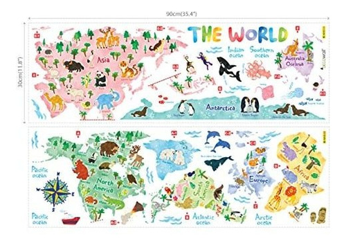 Calcomanías De Pared Mapa Mundial Animales Niños Decoración