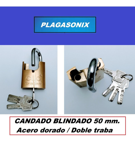 Imagen 6 de 10 de Candado Blindado 50mm 4 Llaves Doble Traba Hierro Dorado