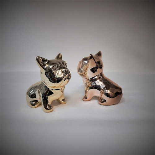 Estátua Cachorro Escultura Porcelana Metalizada Kit Com 2