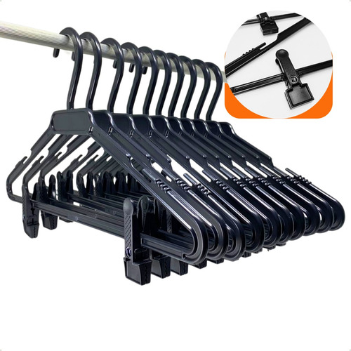 Kit 10 Cabide Presilha Calça Saia Ou Bermuda Adulto Cor Preto