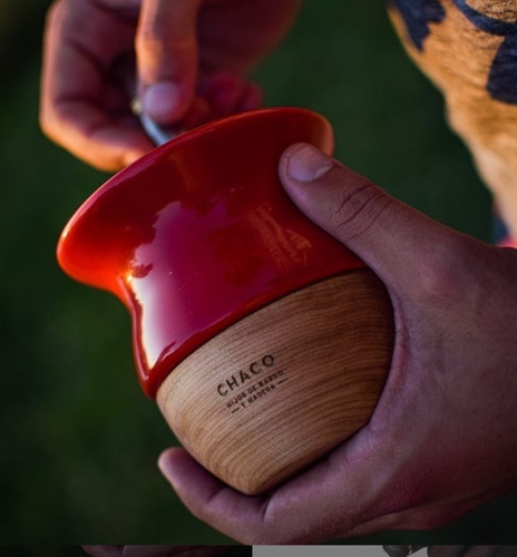 Mate Chaco De Cerámica Y Madera + Bombilla Inox + Funda Color Rojo