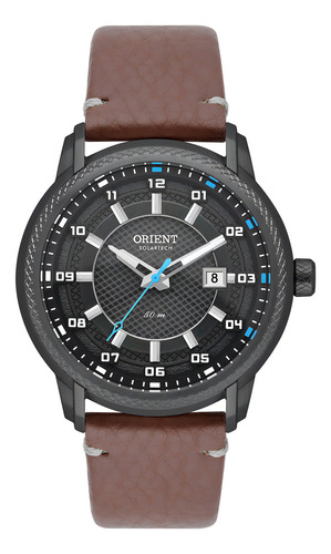 Relógio Orient Masculino Solar Solartech Aço Couro Mpsc1015 Correia Marrom Bisel Grafite Fundo Grafite