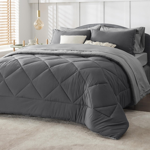 Bedsure Dark Grey Queen Comforter Set - 7 Pieces Reversible.