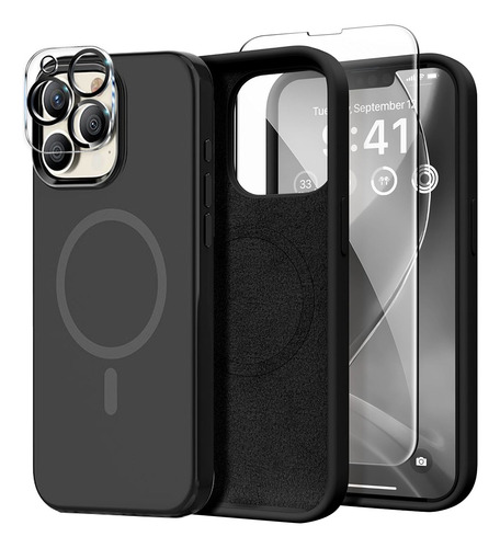 Funda Para Iphone Magsafe + Mica Pantalla + Mica Cámara Kit Negro Iphone 15 Pro