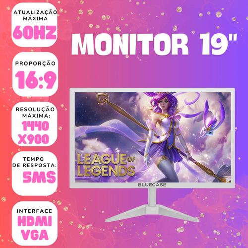 Kit Monitor 19'' Hdmi E Vga + Teclado E Mouse Rosa Gamer