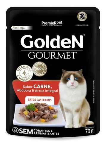 Premier Golden Gourmet Gatos Castrados Carne Arroz Int Sachê