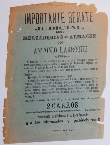 Antiguo Almacén Afiche Original Remate 1900 Ro 080