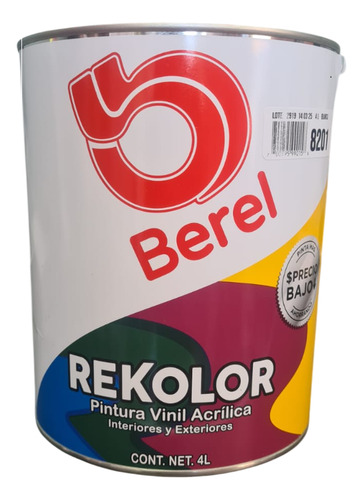 Pintura Berel Rekolor Blanco Galon 4 Lt Acabado Mate Blanco Mate