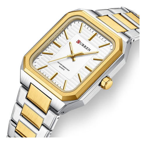 Relógio de pulso Curren 8457 com corpo prateado, analógico, para homens, fundo branco dourado prateado, com pulseira colorida de aço inoxidável e dobrável