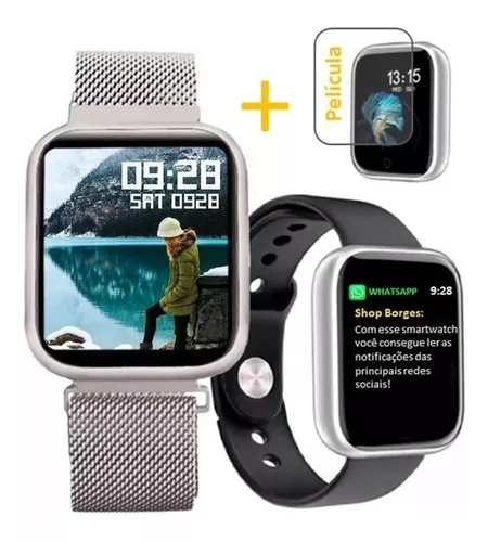 Relógio Smart Watch T80 Preto + 2 Pulseiras + Fone +película