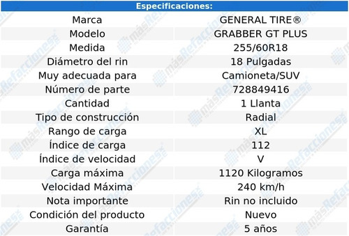 Llanta 255/60r18 112v Xl General Tire Grabber Gt Plus