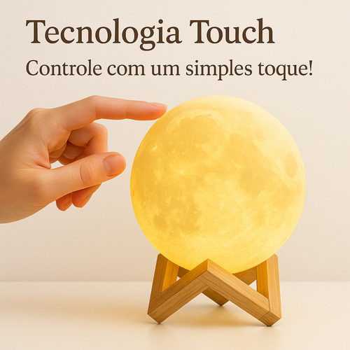 Luminária Lua Cheia 3d Rgb Led Controle Touch Usb Marrom Branco