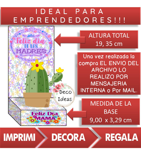 Imagen 2 de 4 de Kit Imprimible 01 Portamacetas Dia De La Madre Cactus + Tag