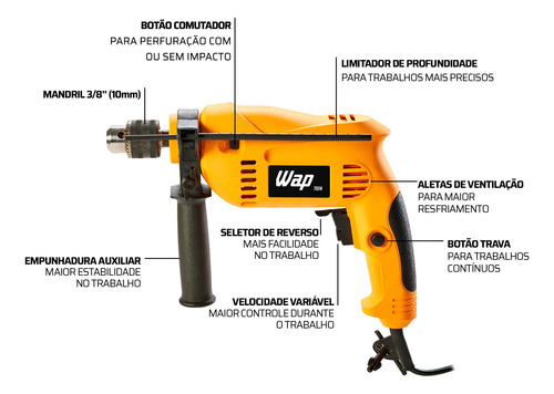 Imagem 7 de 7 de Furadeira E Parafusadeira De Impacto 700w C/ Maleta Wap