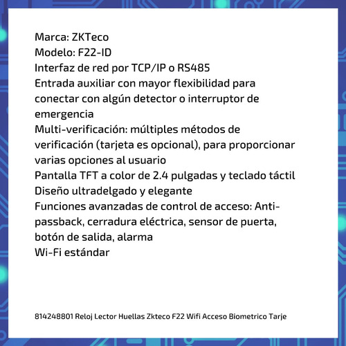 Imagen 6 de 10 de Reloj Lector Huellas Zkteco F22 Wifi Acceso Biometrico Tarje
