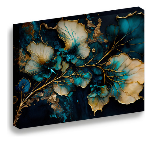 Cuadro Lienzo Canvas Azúl Oro Flores Comedor Cuarto 80*120cm