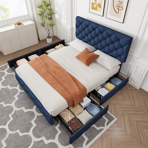 Base De Cama Matrimonial Idealhouse Tapizada En Lino Azul