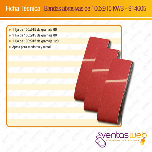 Imagen 3 de 4 de Lijas De Banda 100 X 915 Mm 3 Unid Para Lijadora De Banco