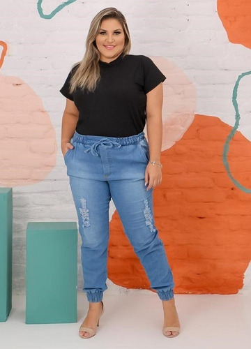 Imagem 4 de 4 de Calça Jeans Plus Size Jogger Feminina Com Lycra De Luxo