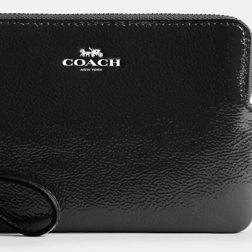 Monedero Café Coach Corner Zip Con Estampado Floral Color Negro Diseño De La Tela Charol