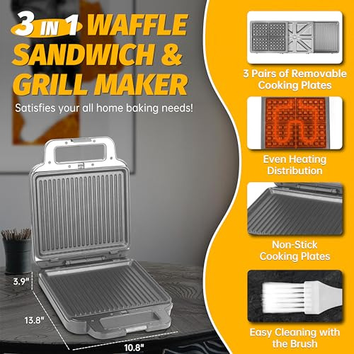 Sandwichera Panini Grill Press Para Desayuno, 3 En 1, Eléctr