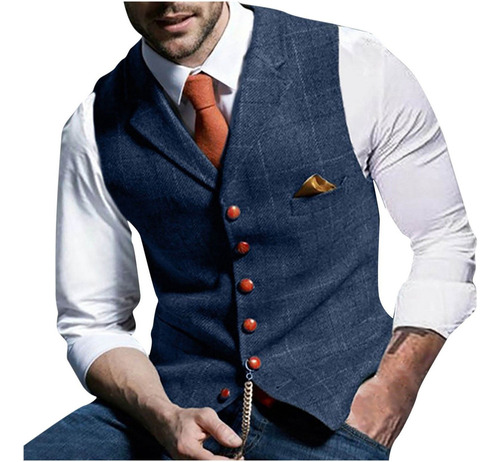 Chaleco Hombre Enrejado Turndown Traje Slim Fit De Un Solo P