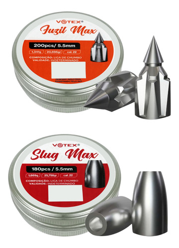 Kit Caça 380un Chumbo Votex 5.5mm Fuzil Max + Slug Max 