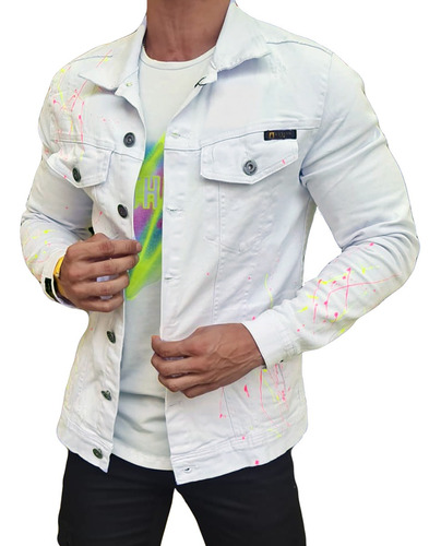 Imagem 3 de 4 de Jaqueta Branca Respingos Tinta Neon Jeans Premium